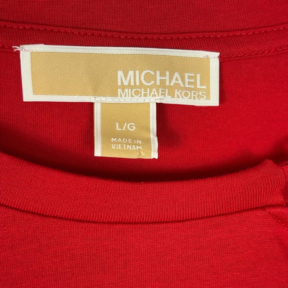 Michael Kors Top L Red Cutout Chain Neck Short Sleeve Chic Minimalist Festive - Picture 4 of 11